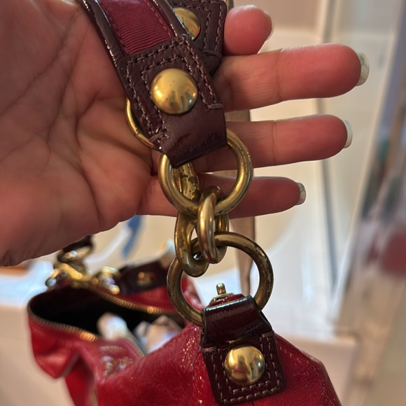 Cherry Red Coach Handbag With Detachable fabric shoulder Strap. - Picture 5 of 9